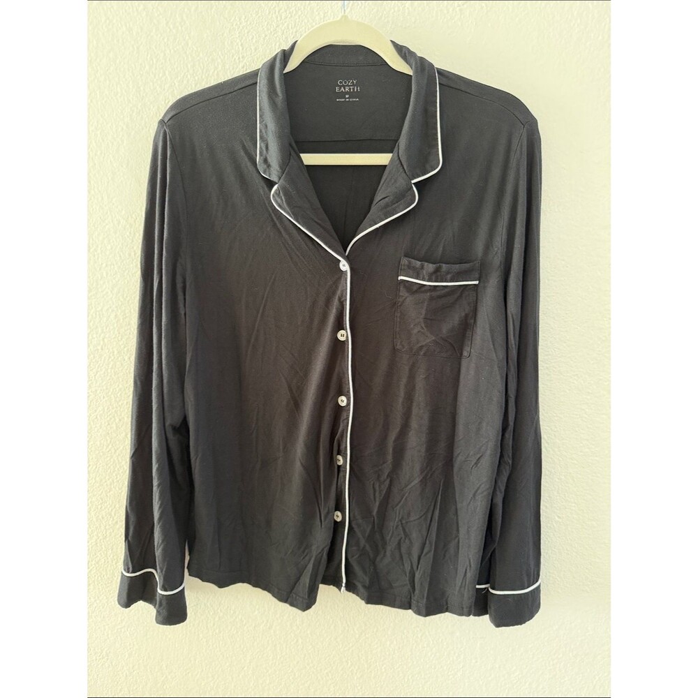 Cozy Earth Women's Black Piped Long-Sleeve Pajama Top Size M